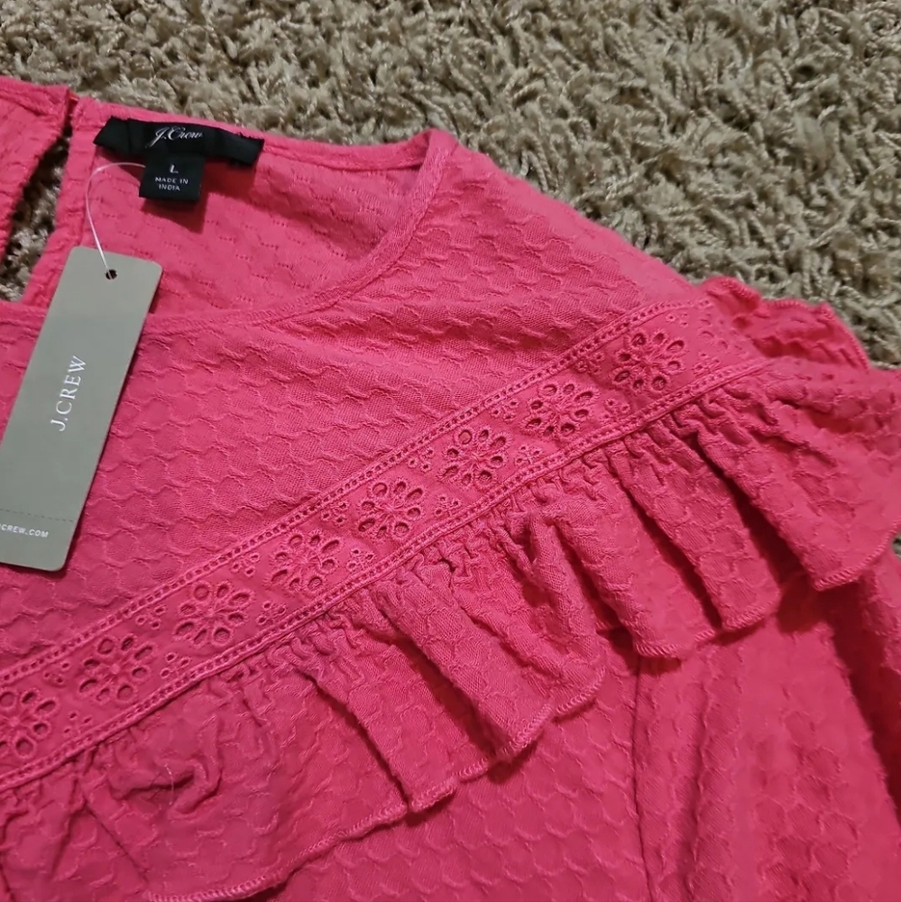 NWT J. Crew Blouse Balloon Sleeve Top Ruffle Eyelet Large Top Cotton Modal - Picture 2 of 3